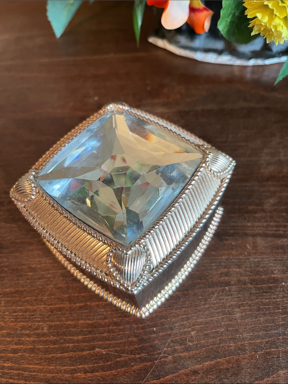 Source Unknown Silver Faceted Crystal Top Trinket Box